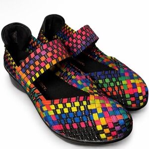 Bernie Mev Charm Yael Black Multi Rainbow Woven Mary Jane Wedge Shoes Womens 35